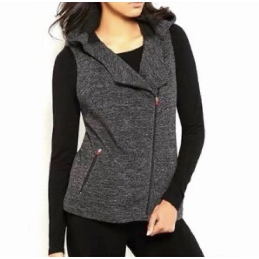 Eileen Fisher Gray Hooded Asymmetrical‎ L Zip Vest Textured Jacquard Knit